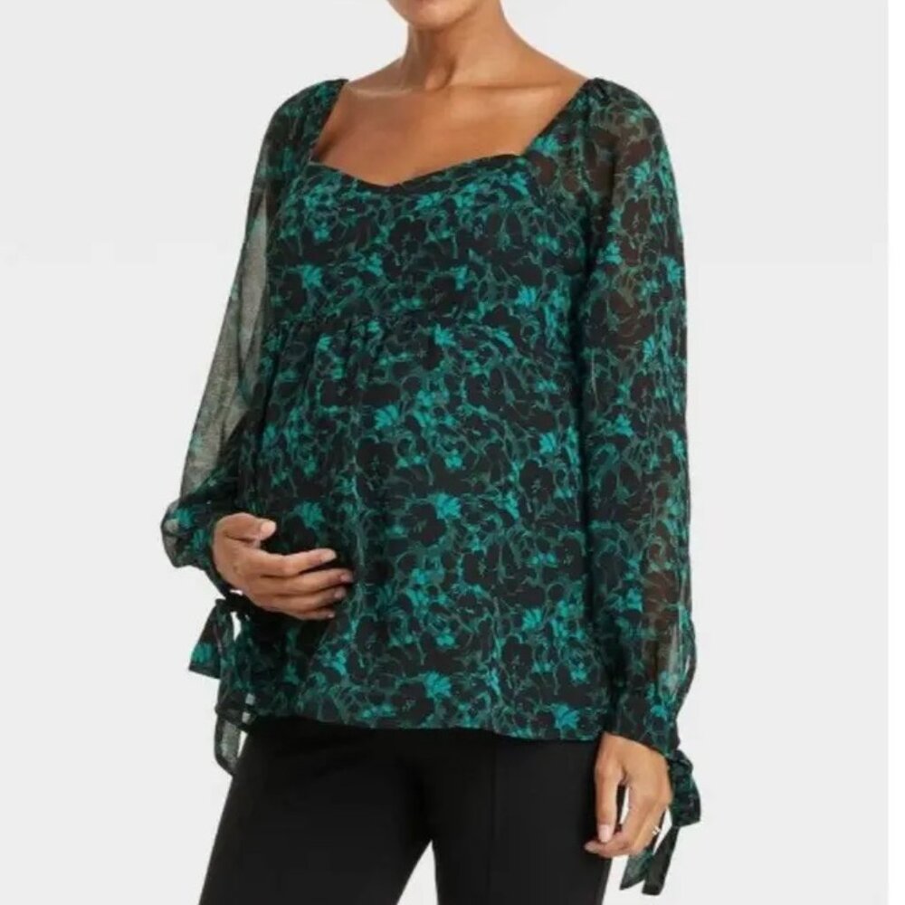 NWT Isabel Maternity Green & Black Floral Tie Sleeve Blouse Top Size Medium